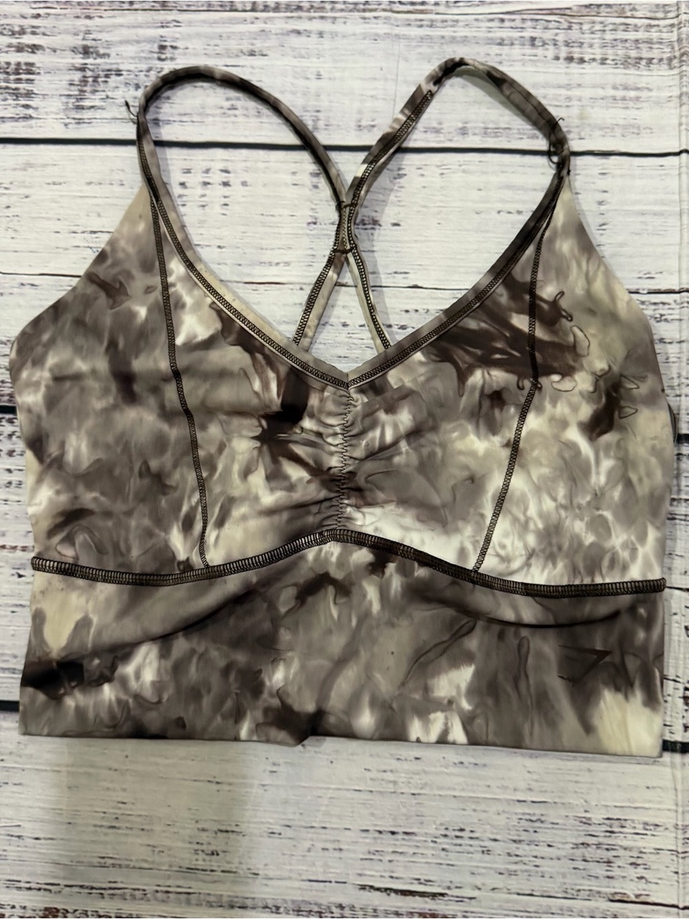 Marble-Print Strappy Sports Bra - Taupe and Brown by gymshark size small